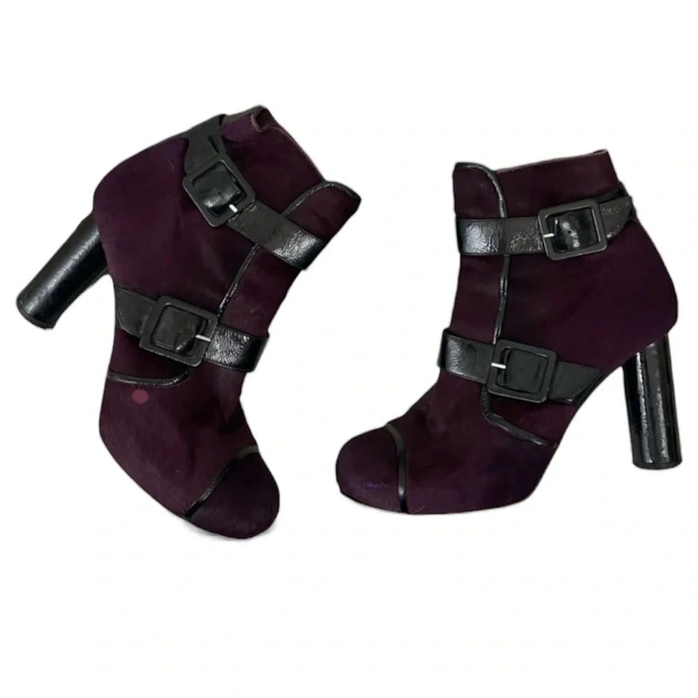 Sonia Rykiel Purple Fur Boots‎ Women’s 8.5 Leather Buckle Block Heel